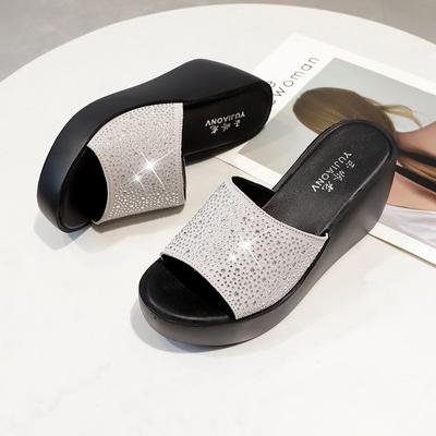 Fashion 2024 Woman Slippers Summer Platform Ladies Wedges Peep Toe Rhinestone Slides Female Solid Women Casual Outdoor Shoes Women's