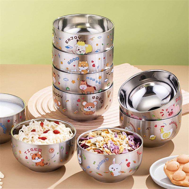 Desene animat Strat dublu Orez Ramen Boluri din oțel inoxidabil pentru copii Terci de tăiței Bol mic Bucătărie Veselă metalică Recipient pentru alimente