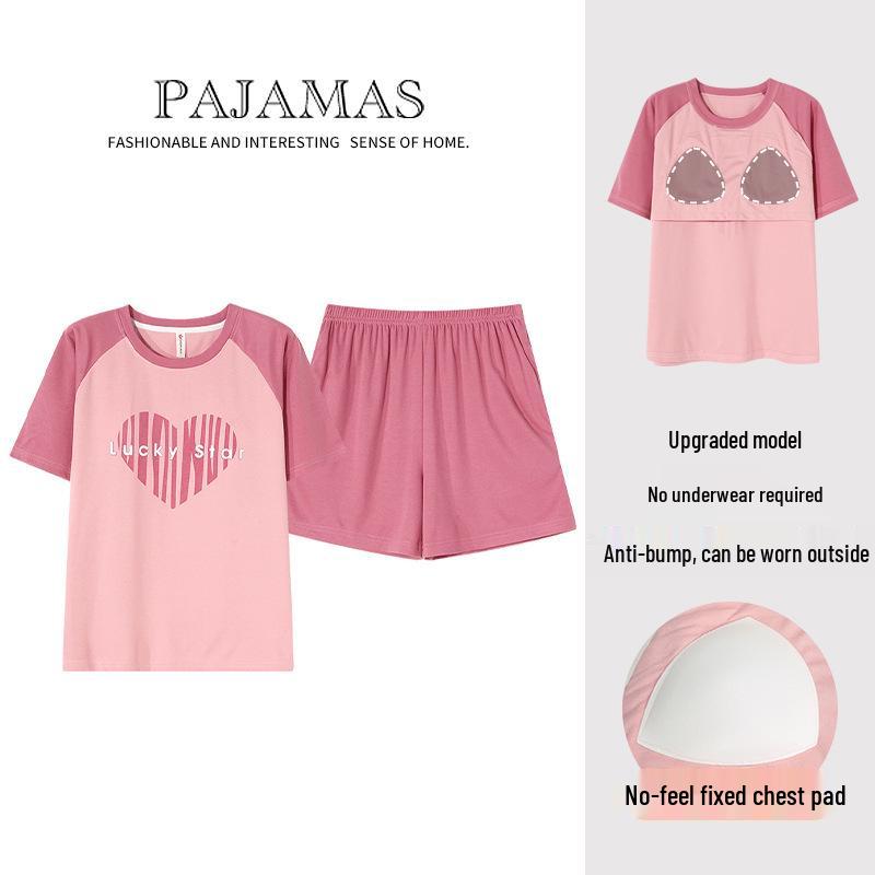 Damen Baumwoll-Pyjama-Set im koreanischen Stil mit Brustpolstern - Kurzarm und Shorts, Anti-Wölbung, lockere Passform für sowohl Haus- als auch Outdoor-Bekleidung