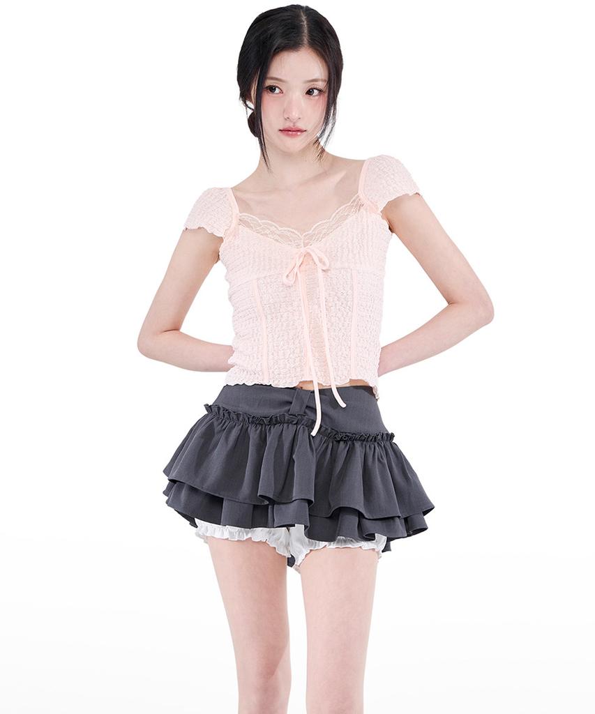 Alkialka Ribbon Tiered Mini Skirt (Charcoal)