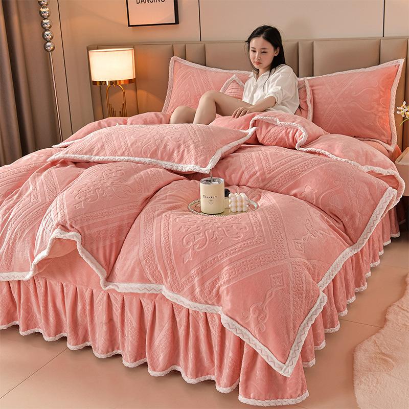 Class A Maternal And Infant Grade High-Gram Carved Fleece Milk Fleece Bed Skirt4-Pcs Set, Winter Double-Sided Fleece Quilt Cover