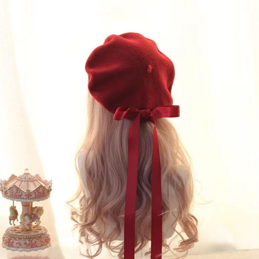 Warm Lolita Beret Japanese Style Beanie Cap Decorate Girl Lace Bow Hat Women Headdress
