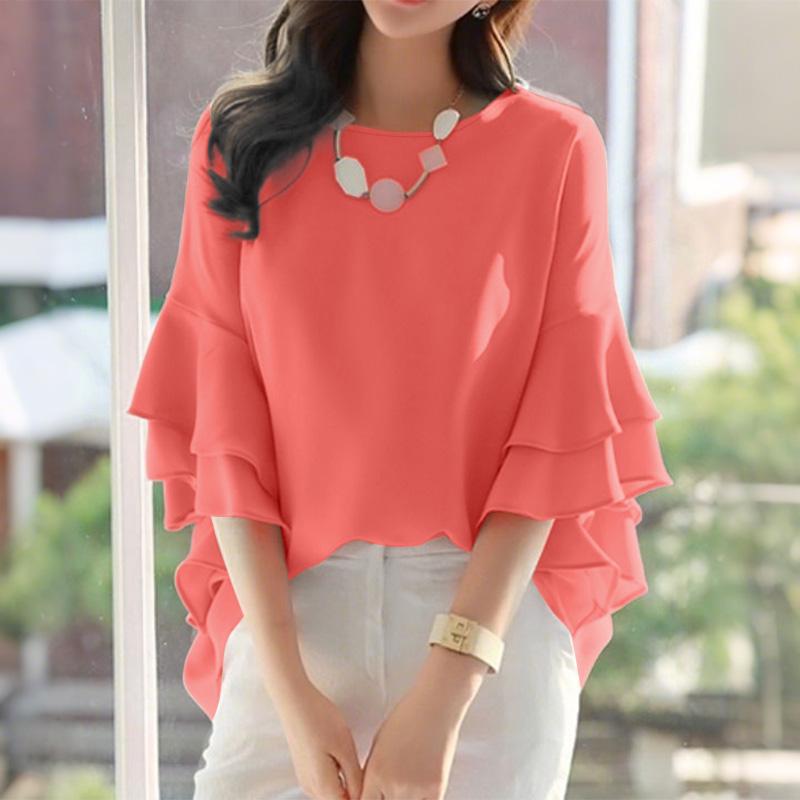 

ZANZEA Женская повседневная блузка с круглым вырезом и рукавами-рюшами свободного кроя 4XL оранжевый/красный