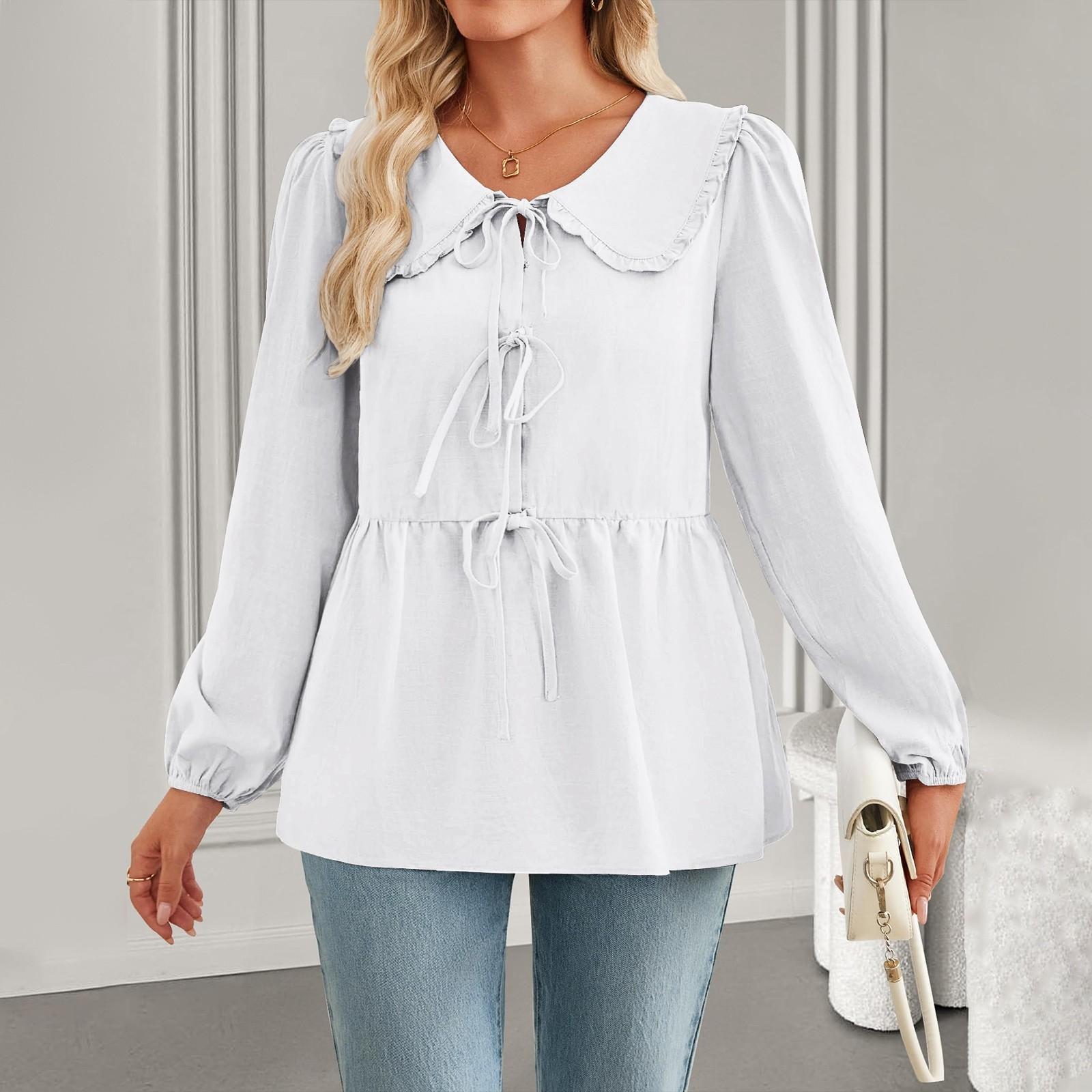 

Женская модная рубашка с длинным рукавом и V-образным вырезом, с галстуком-бабочкой, футболка, топы S белый