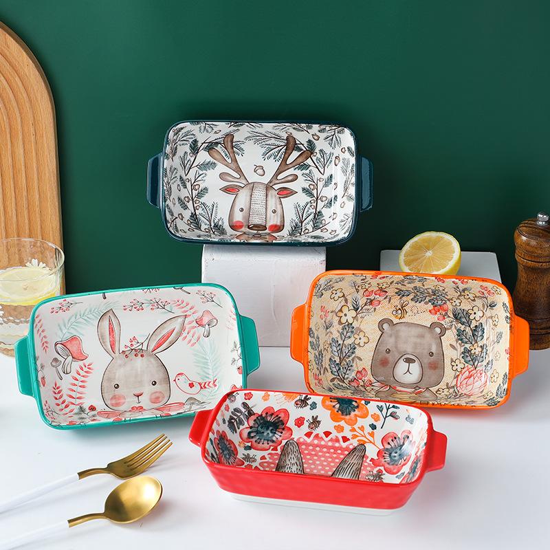 Creative Cute Cartoon Ceramic Double Ear Baking Plate Restaurant Home Microwave Cheese Baked Rice Plate Vegetable Plate Western