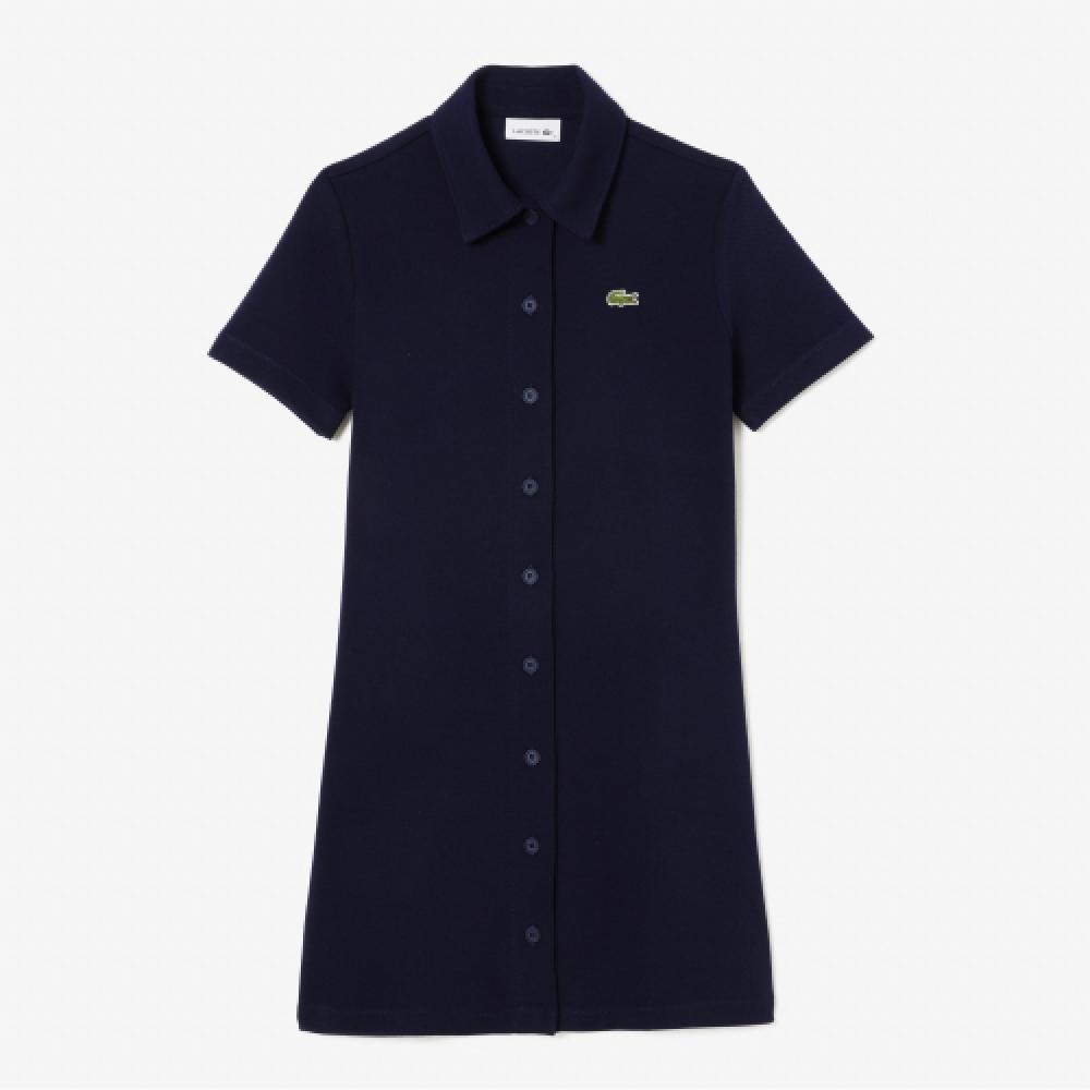 

LACOSTE Женское двойное трикотажное платье-рубашка из пике с короткими рукавами [Темно-синий]