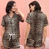 Women’s Sleep Lounge Wear Shirt and Short Pants 2 Pieces Sleeping Suit Leopard Plaid Pajamas Summer Home Casual Night Clothing Set