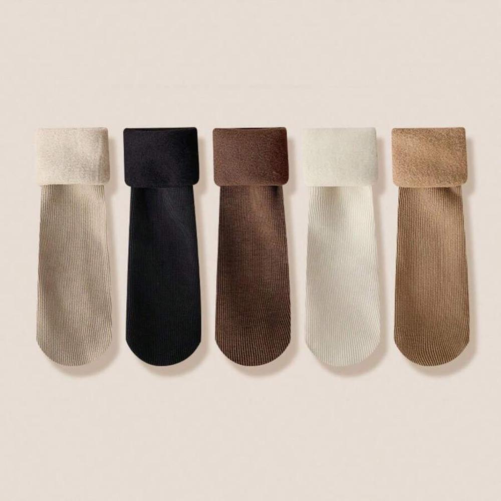 

5 пар женских толстых плюшевых зимних носков, модные осенне-зимние однотонные вертикальные полосы, теплые мягкие повседневные носки средней длины One Size
