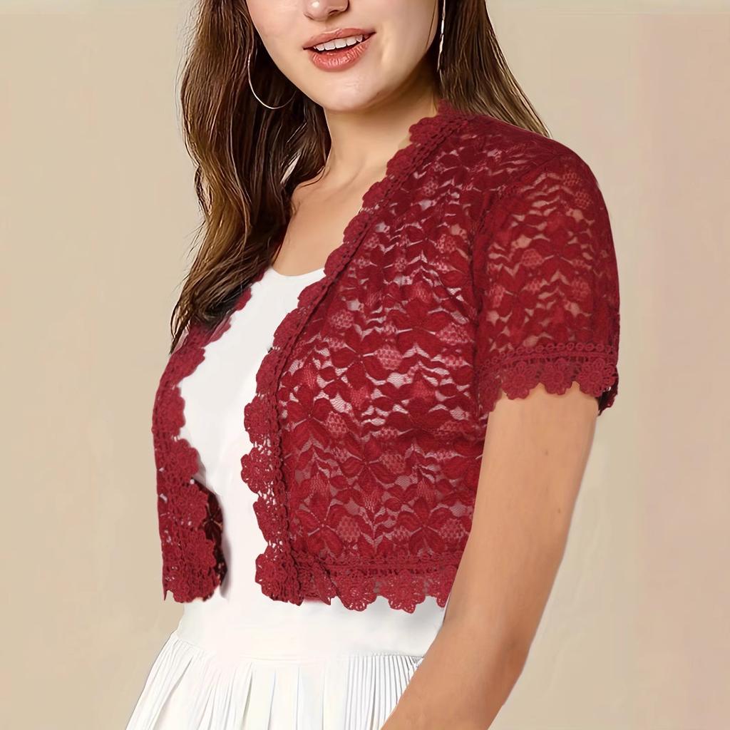 Ladies' Short-sleeved Fashionable Top, Elegant Lace with Cutouts, Banquet Knitted Cardigan