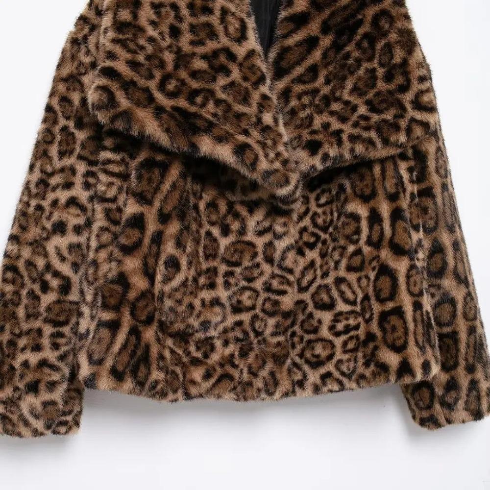 Women Winter Fashion Lazy Style Animal Print Faux Fur Warm Coat All-match Long Sleeve Lapel Coat Outerwear