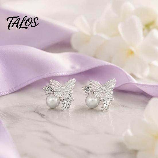 Versatile Alloy Earrings 1 Pair Butterfly Stud for Women, Sparkly Rhinestone Faux Pearl French Style Earrings, Glitter Cubic Zirconia Jewelry