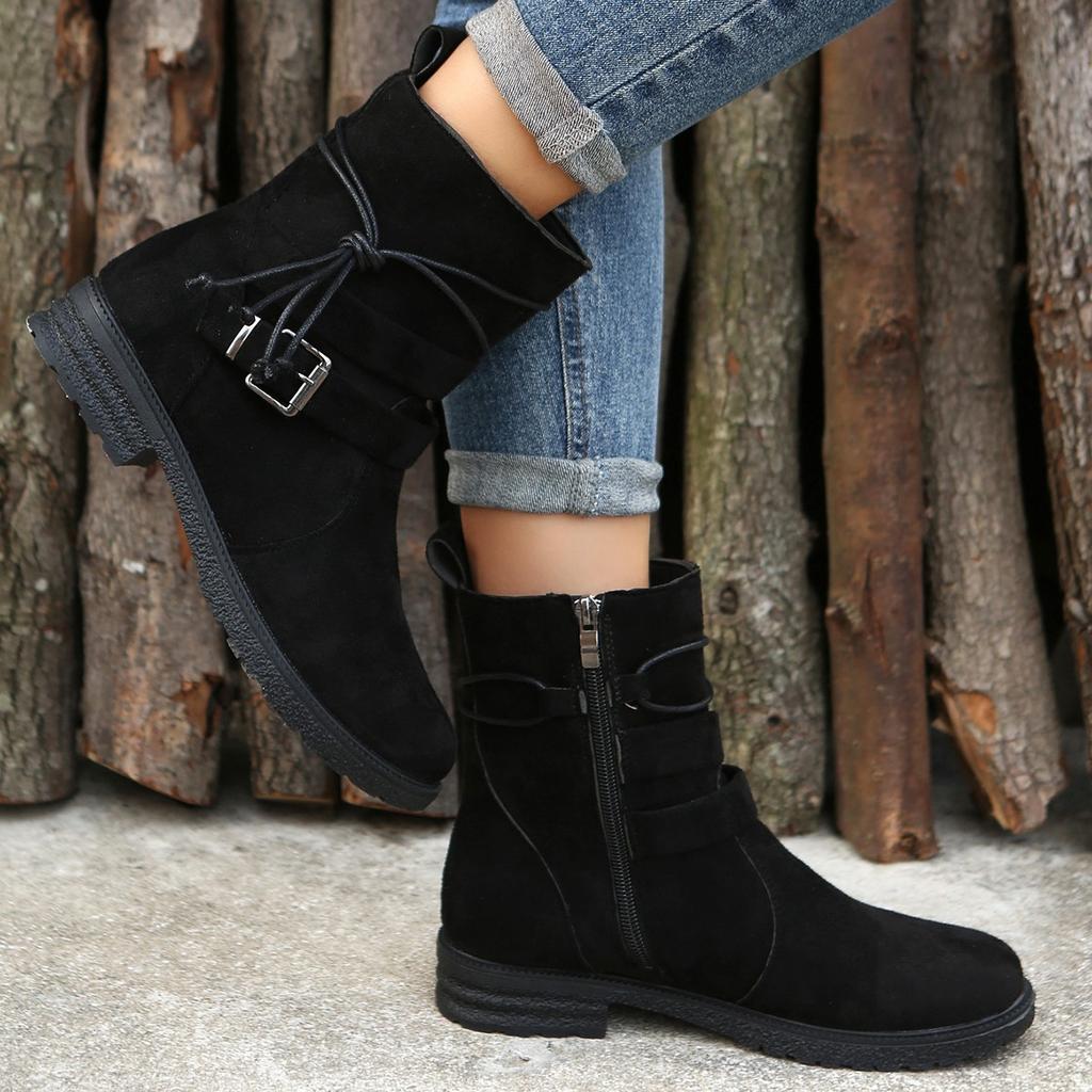 Women's Boots Autumn and Winter New European and American Retro Large Size Side Zipper Round Head Low Heel Cigarette Tube Locomotive Women's Boots