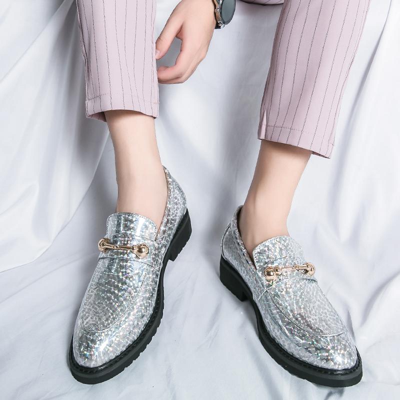 New Designer Pointed Gold Silver Blue Wedding Metal Button Formal Leather Shoes For Men Casual Loafers Homecoming Dress Footwear