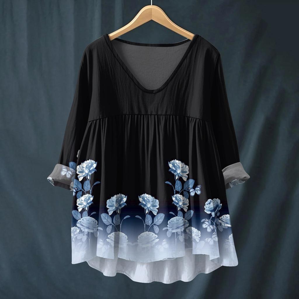 Damen Modisches Und Lässiges Hemd Langärmlig V-Ausschnitt Druck Baumwolle Und Leinen Bluse