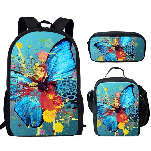 Trendig Beliebt Neuheit Lustig Schmetterling 3D-Druck 3 Stück/Set Schüler Schultaschen Laptop Tagesrucksack Rucksack Lunchtasche Federmäppchen