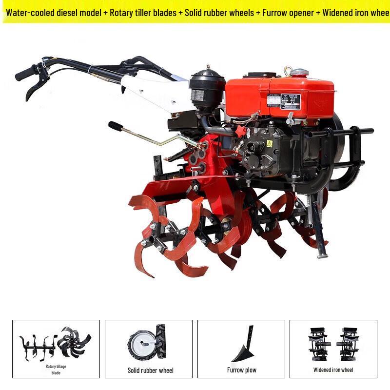JZDASI Water-cooled Diesel Mini Tiller with Rotary Blade & Plow Kit CN plug (adapter included)