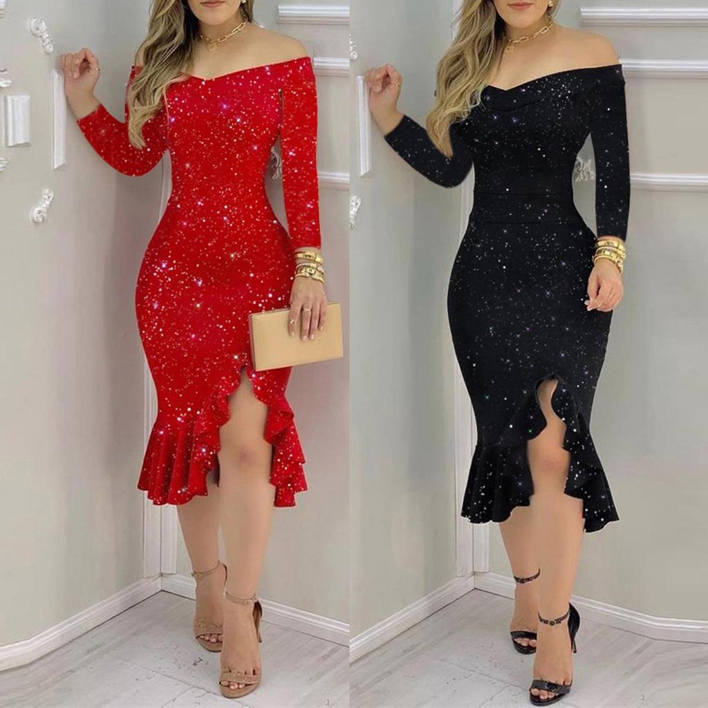 Women's Casual Sexy Solid Color One-Line Neck Ruffle Slit Sequin Dress