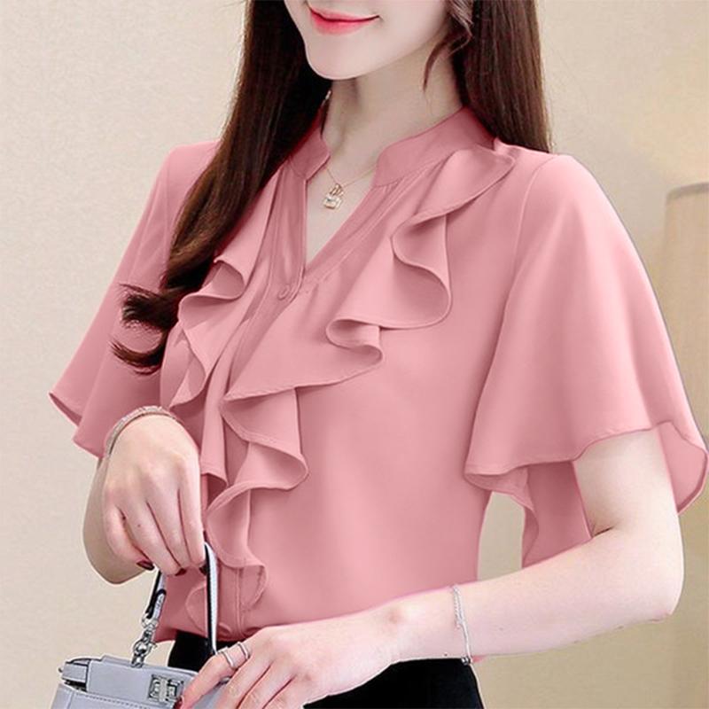 

ZANZEA Women Casual Ruffles V-Neck Loose Short Sleeve Blouse 5XL розовый