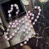 Pink Square for Cross Rosary Necklace Holy Catholic Jewelry Charm Pendant for Christian Church Home Bedroom Decoration