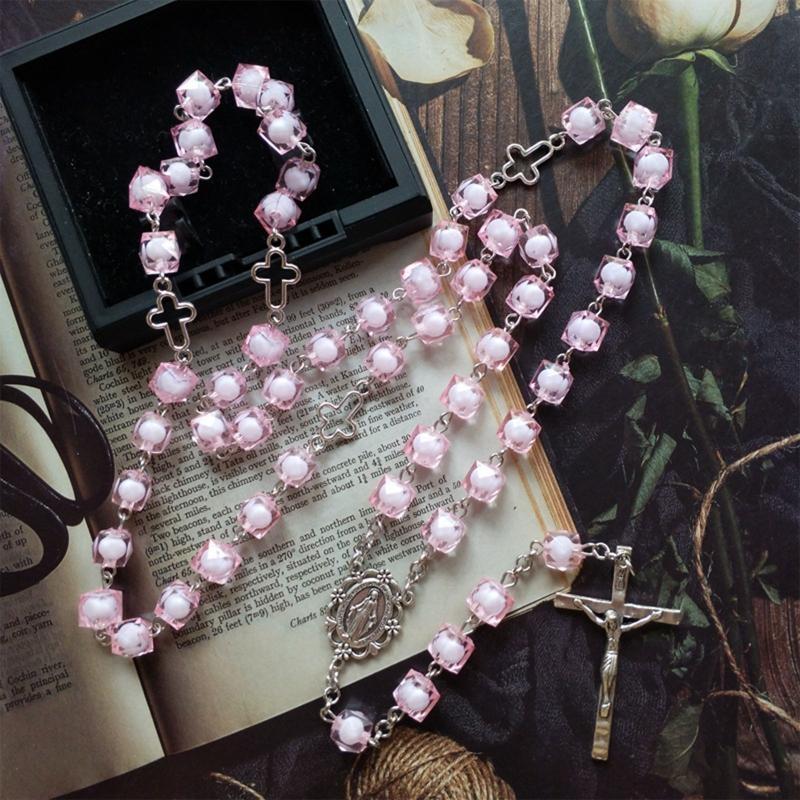 Pink Square for Cross Rosary Necklace Holy Catholic Jewelry Charm Pendant for Christian Church Home Bedroom Decoration