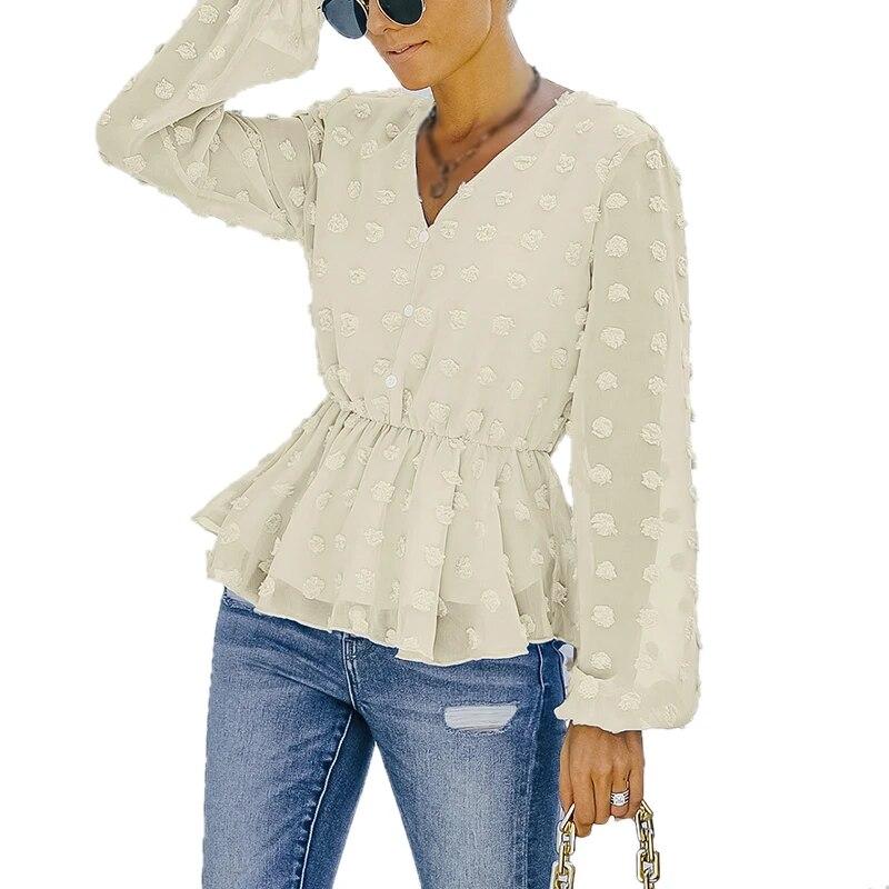 

Женская шифоновая рубашка с длинным рукавом и V-образным вырезом, блузки, повседневные рабочие рубашки, однотонные топы, удобные однобортные топы, женские топы в горошек XL