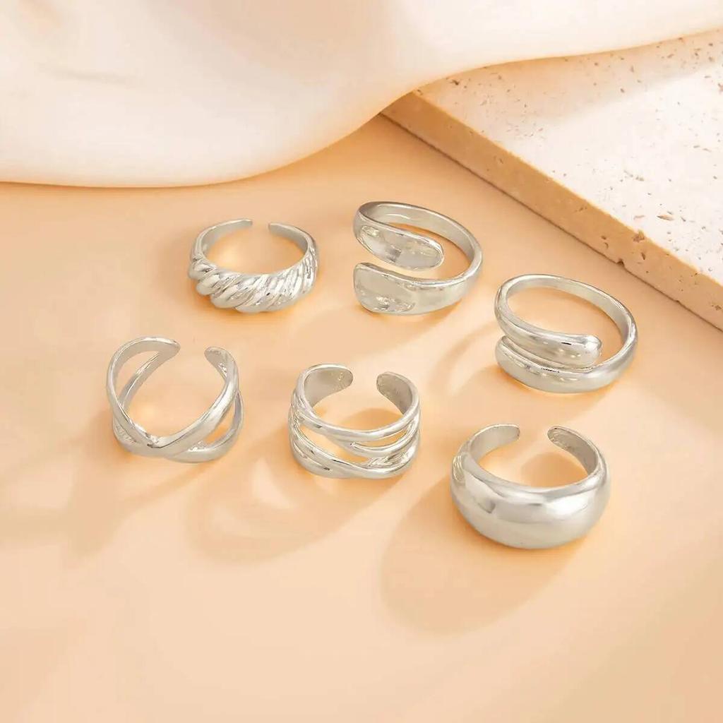 IngeSight.Z 6Pcs Vintage Gold Color Smooth Geometric Open Rings Women Exaggerated Metal Irregular Thick Water Drop Ring Jewelry