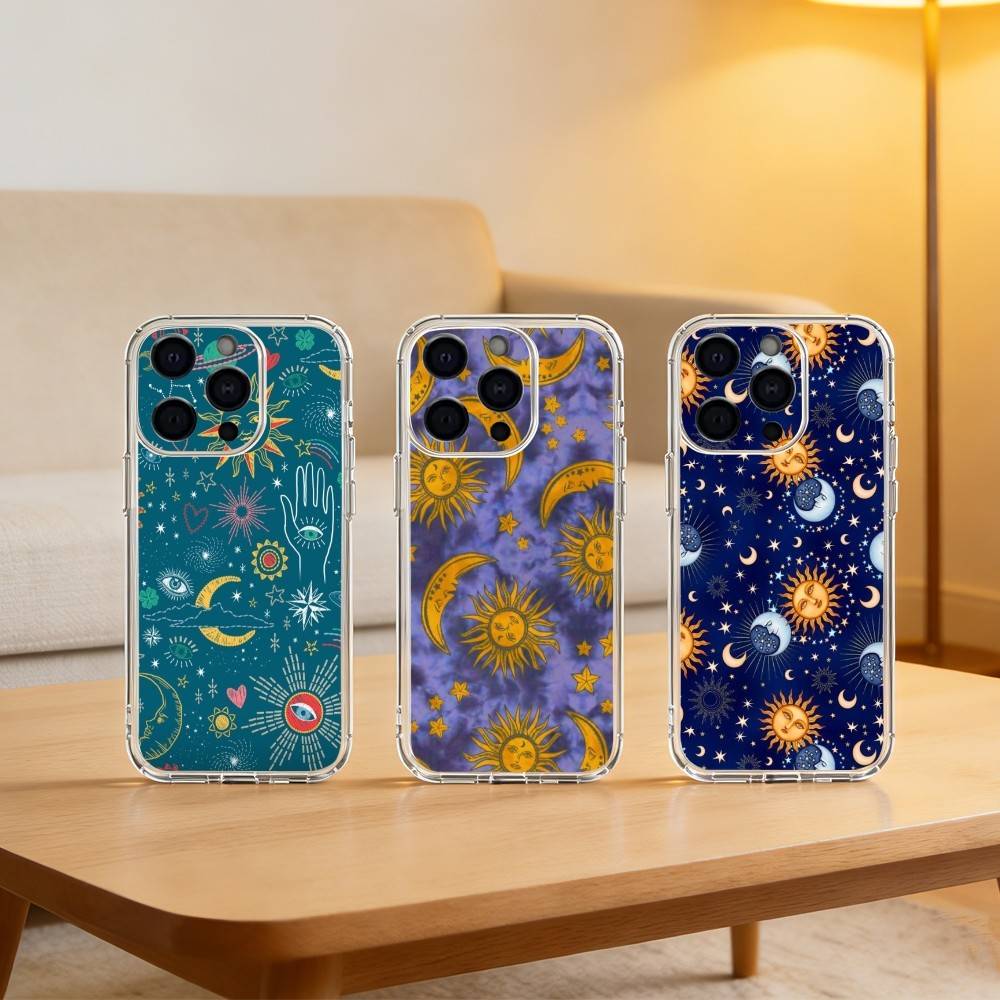 The S-Sun Moon S-Stars Phone Case For iPhone 17 16 15 14 13 12 11 Mini Pro Max Plus Transparent Cover
