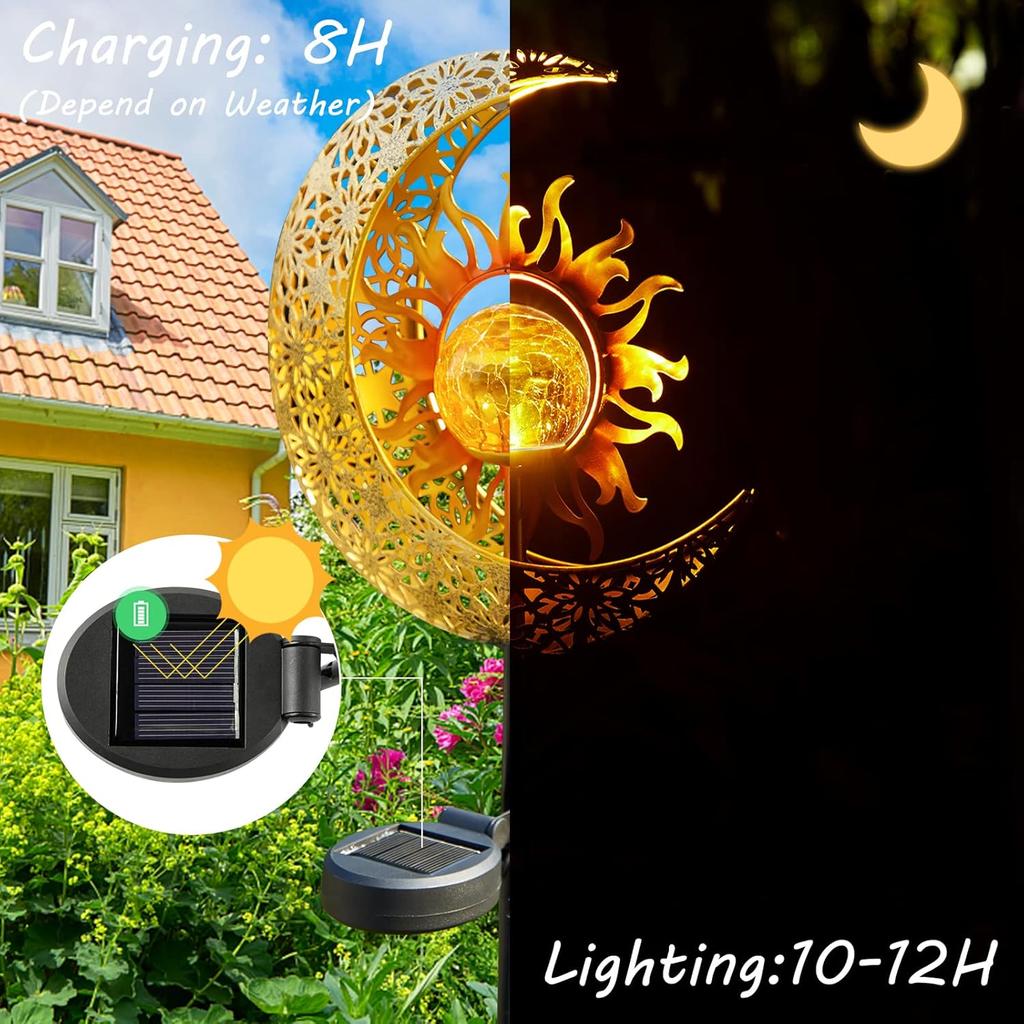 LICKLIP Garden Solar Lights Outdoor Decorative, Sun & Moon Crackle Glass Globe Metal Stake Light, Waterproof Warm White LED Light, Decorations for