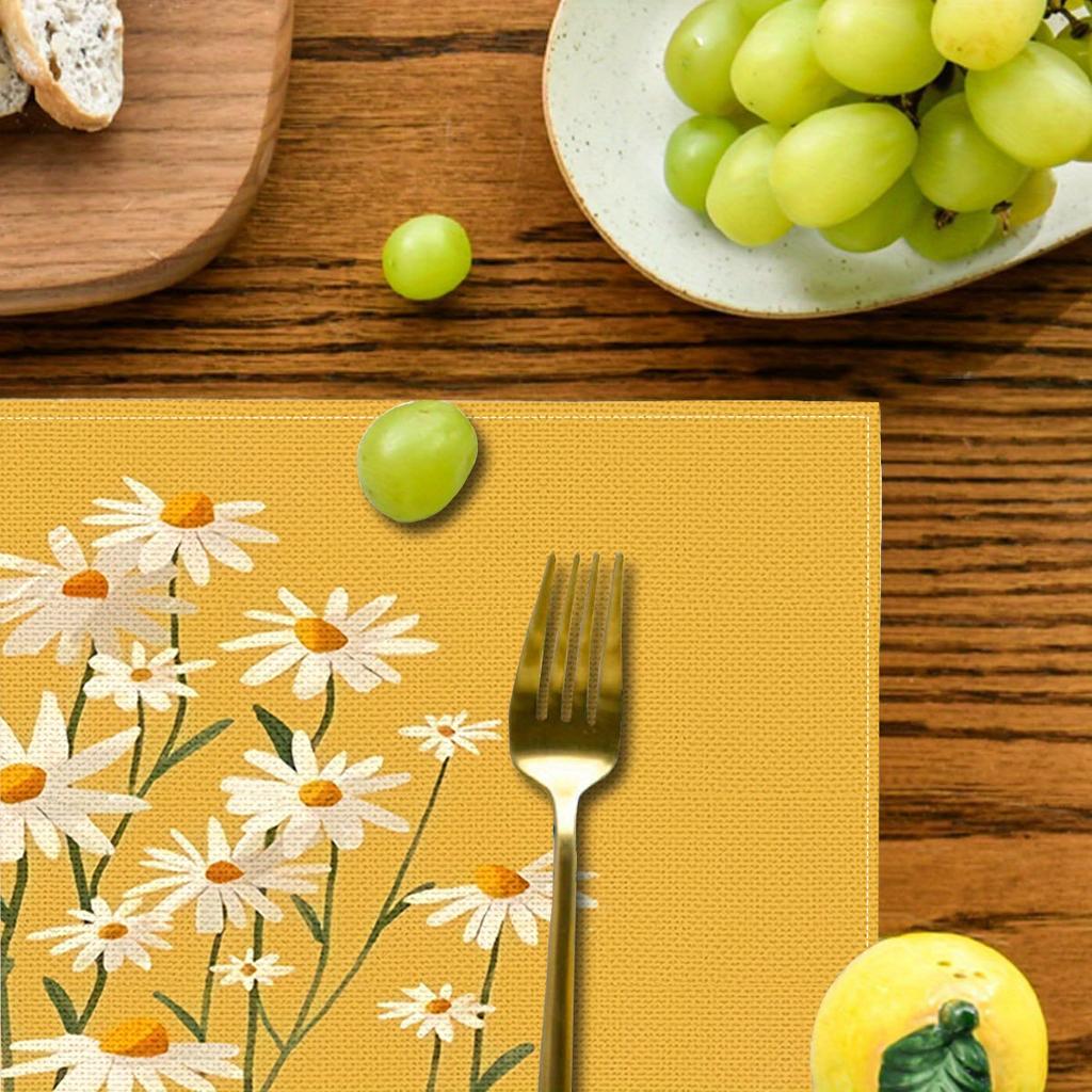 4/6pcs Placemat Set, New Bright Yellow Daisy Series Linen Placemats - Suitable for Dining and Coffee Tables Standard Format Placemats, High-Quality