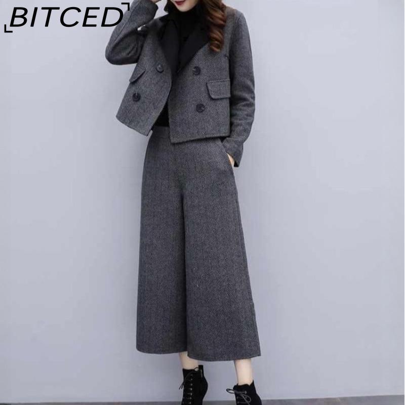 

BITCED Women s Fall/Winter Two-Piece Set: Herringbone Tweed Blazer & Wide-Leg Pants Casual Fashion Set XXXL серый