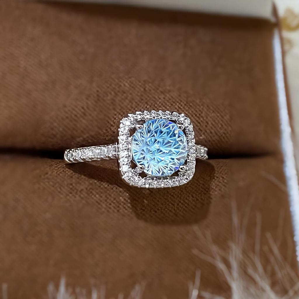 Anillo de Princesa para Mujer de Aguamarina Paraíba y Diamante de Alto Carbono de Lujo Ligero