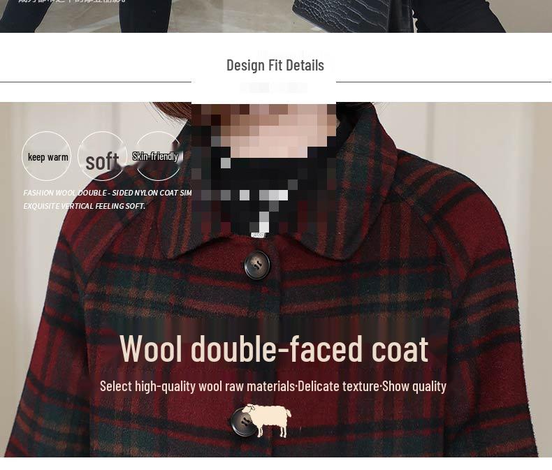 Women's Red Plaid Wool Coat - Korean Style, Autumn/Winter 2025, Double-Sided for Middle-Aged and Elderly
