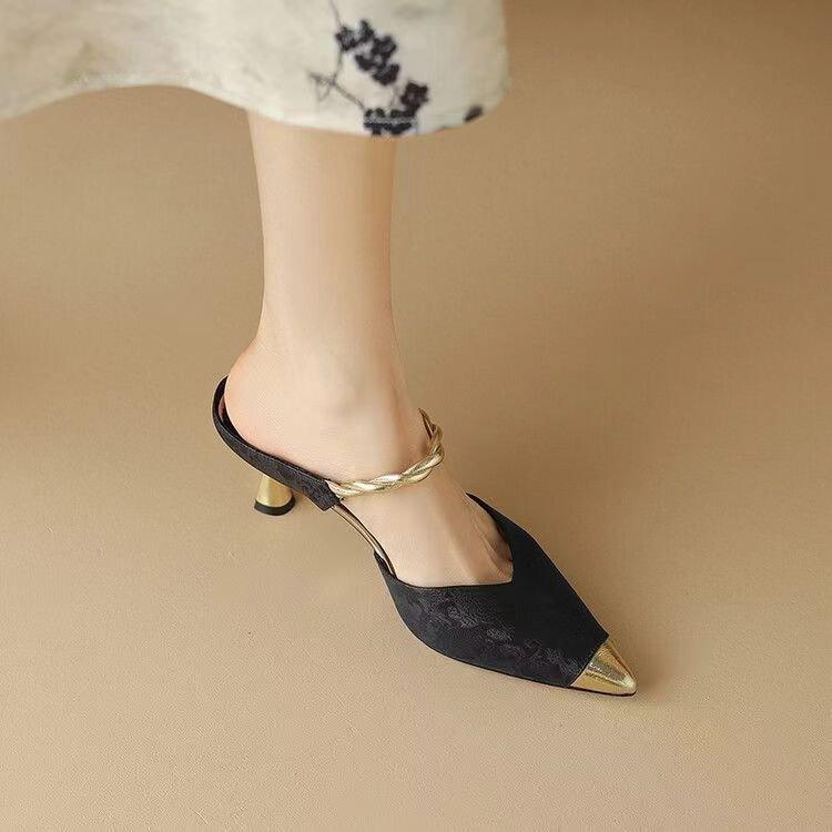 

2025 new temperament French stiletto high heels women s pointed shoes summer beautiful sandals bag head half slippers 35