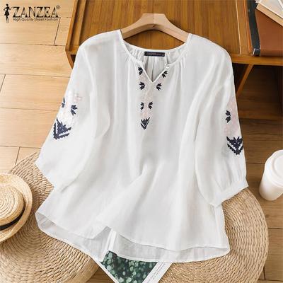 Women Floral Embroidery Casual 3/4 Sleeve Loose Blouse