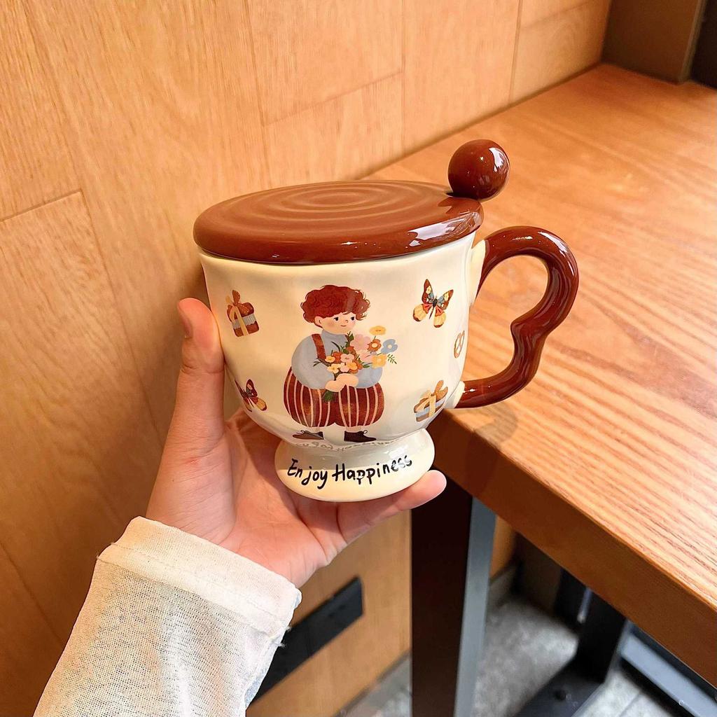 Mug with Lid Spoon High Value Ceramic Cup Niche Goblet Couple's Water Cup Household Coffee Breakfast Cup