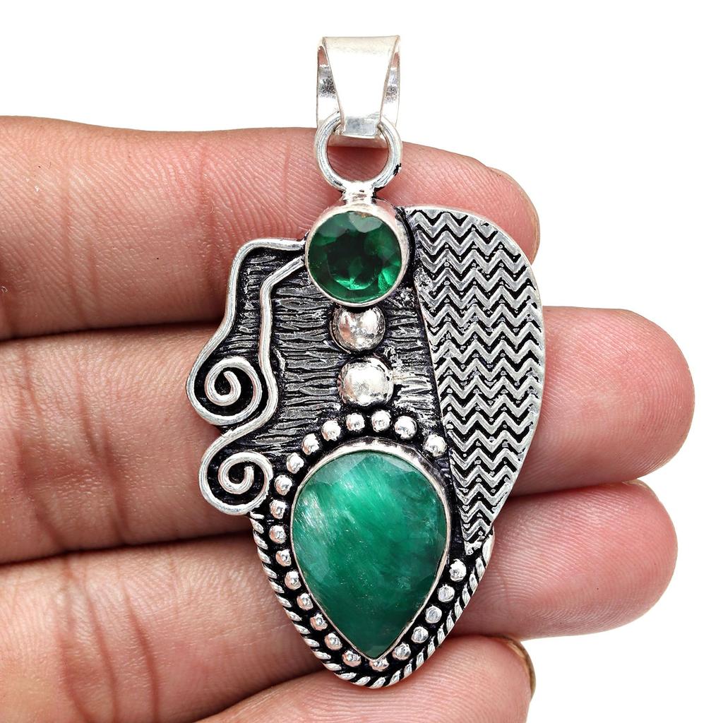 Malachite Emerald Gemstone Mother's Day Silver Jewelry Pendant 2.25"