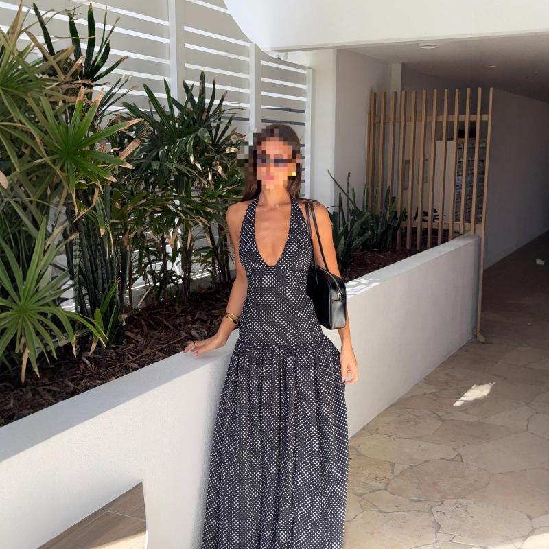 European and American neck hanging polka dot print deep V retro slim fit sexy backless jumpsuit long skirt