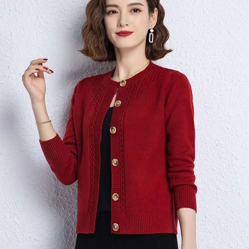 2023 New Autumn Fashion Solid Color Simple Round Neck Panel Button Knitted Cardigan Temperament Commuter Women's Loose Sweater