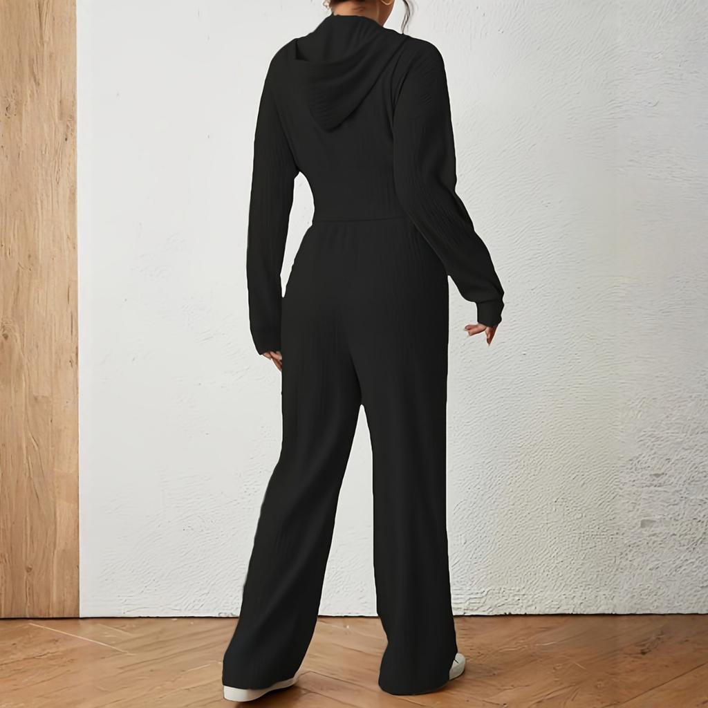 Women's Fashion Textured Two-Piece Long Sleeve Drop Shoulder Zipper Drawstring Hooded Suit