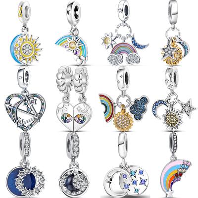Ciondolo Stella Luna Sole Arcobaleno Nuvola in Argento Sterling 925 Perline Cielo Stellato Adatto Bracciale Charm Originali Gioielli Fini da Donna