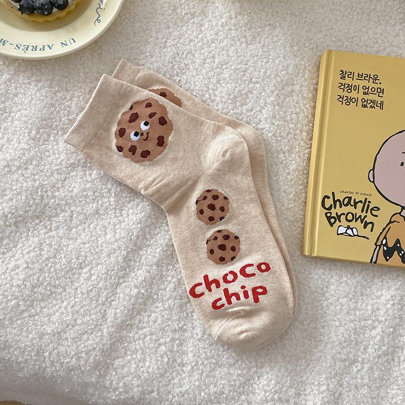 Korean Women's Mid-Calf Socks - Cute Pizza, Cookie, Cheese Biscuit Cartoon Design