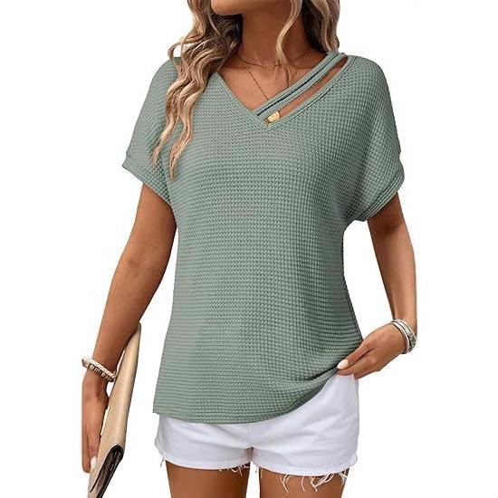 European & American Women's Waffle Knit V-Neck Short Sleeve Shirt