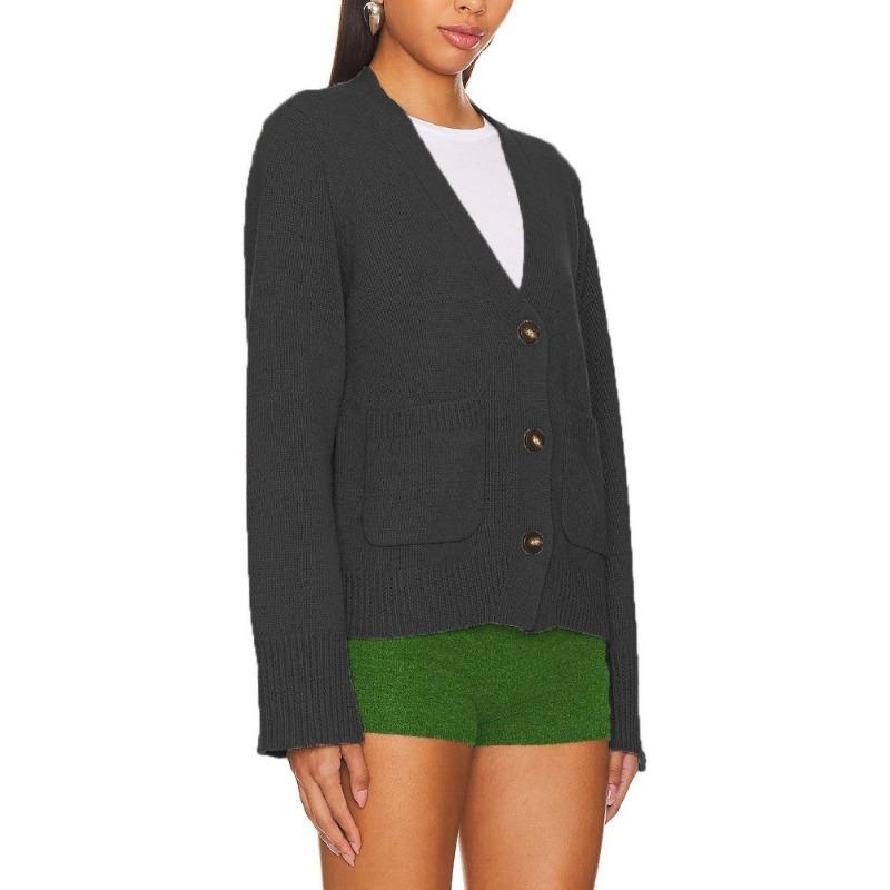 Women's Autumn and Winter V-neck Knitted Cardigan Solid Color Long-sleeved Casual Sweater
