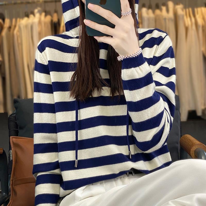 Women S Striped Hooded Sweater Loose Casual Fit Pullover