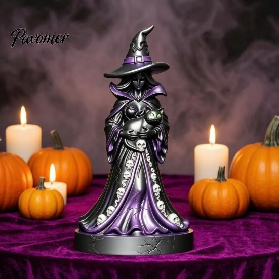 Resin Witch Sculpture for Shelf Display Halloween Figurine, Gothic with Black Cat Ornament, Dark Detailed Ornament Fantasy Tabletop Statue Home