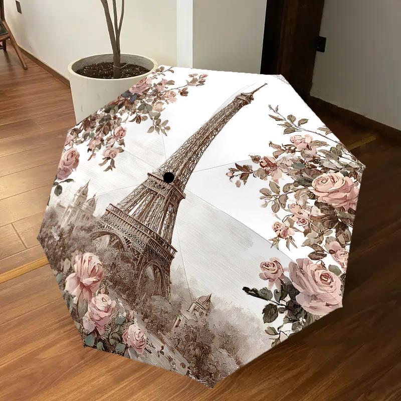 1PC Eiffel Tower Flowers Umbrella-8-Rib Reinforced, Automatic Open, Lightweight & Durable, Cute Fashion Accessory for Outdoor-P2714