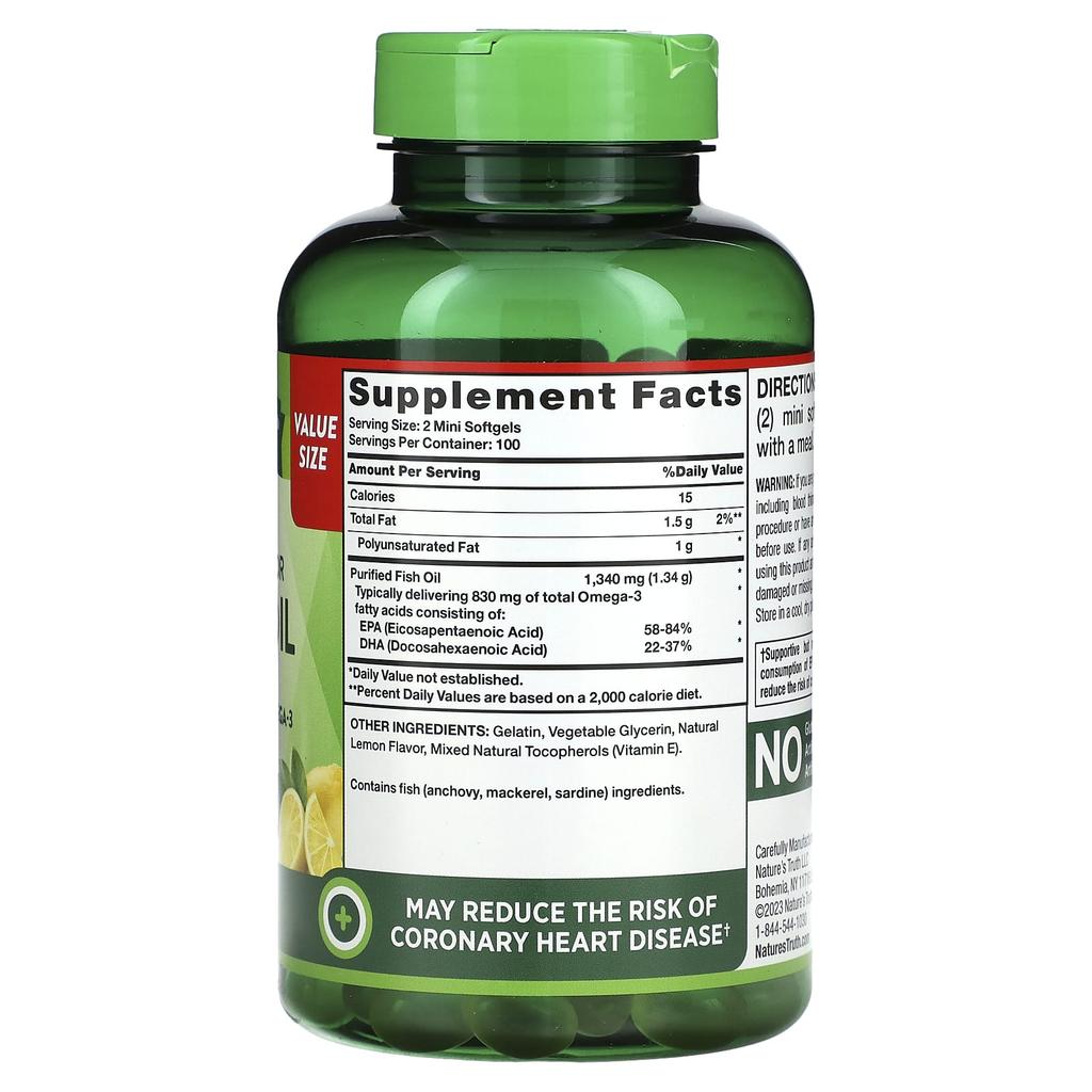 Nature'S Truth, Mini Fish Oil, Premium Strength, Natural Lemon Flavor, 1,340Mg, 200 Mini Softgels (670Mg per Softgel)