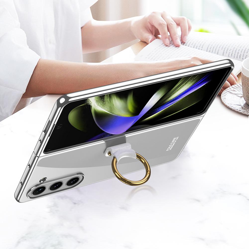 

GKK For Samsung Galaxy Z Fold5 5G Hard PC Clear Case Ring Holder Kickstand Electroplating Phone Cover Champagne Gold