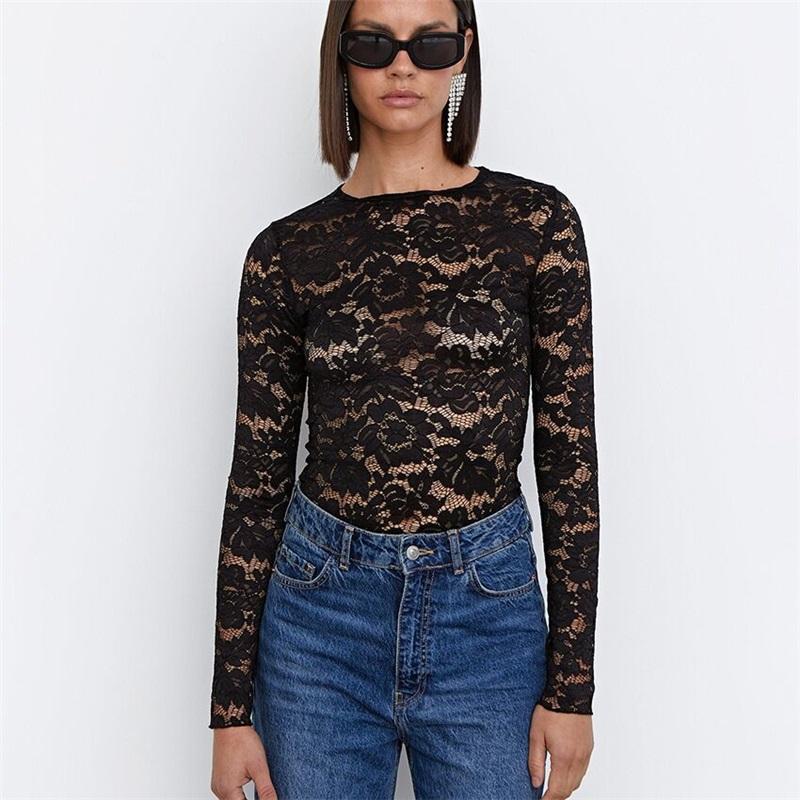 Tooxika Black Lace Slim See-through Long Sleeve New Spring And Autumn Fashion Tops