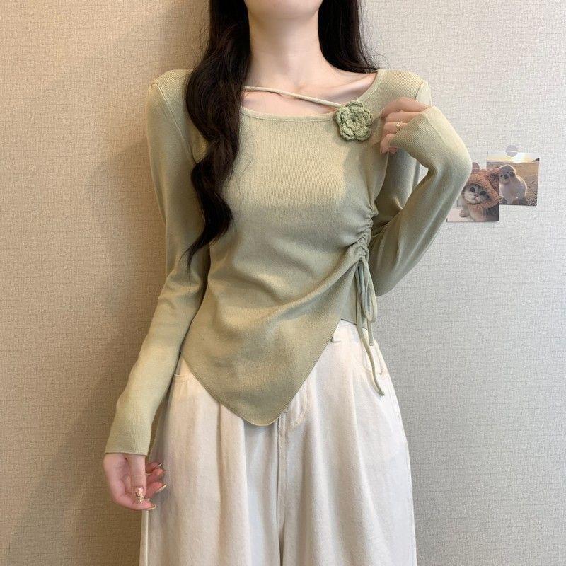 women floral applique ruched knit top square neck long sleeve form fitting casual solid color asymmetrical hem blouse